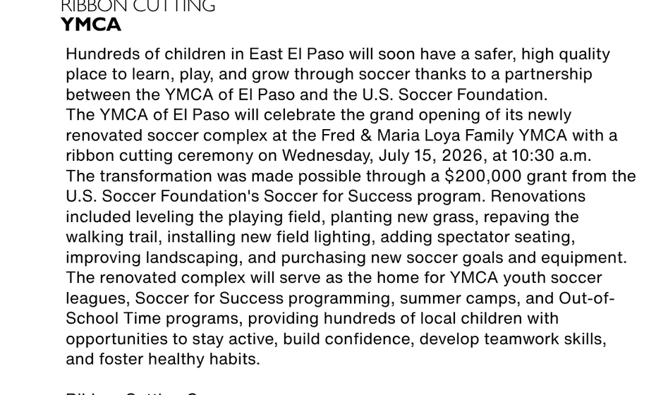 YMCA OF EL PASO AND U.S. SOCCER FOUNDATION CELEBRATE NEW SOCCER COMPLEX FOR EAST EL PASO YOUTH